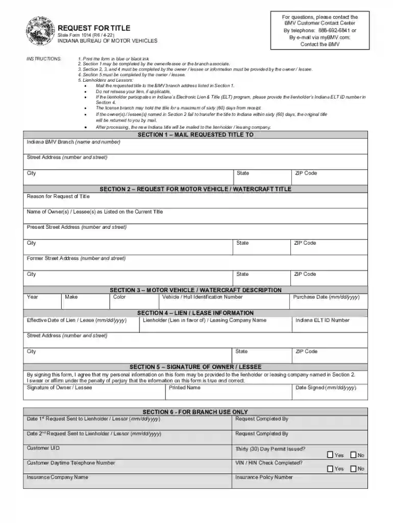 indiana bmv request title Preview on Page 1