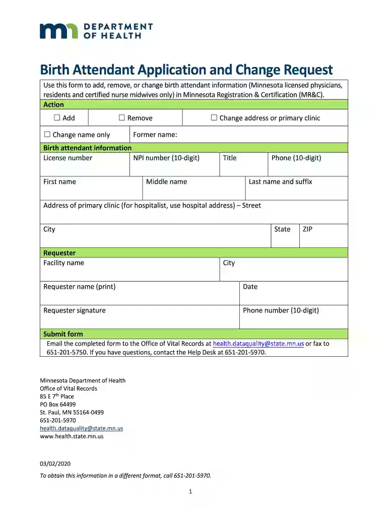 Birth Attendant Application and Change Request add, remove or change birth attendant information in Preview on Page 1