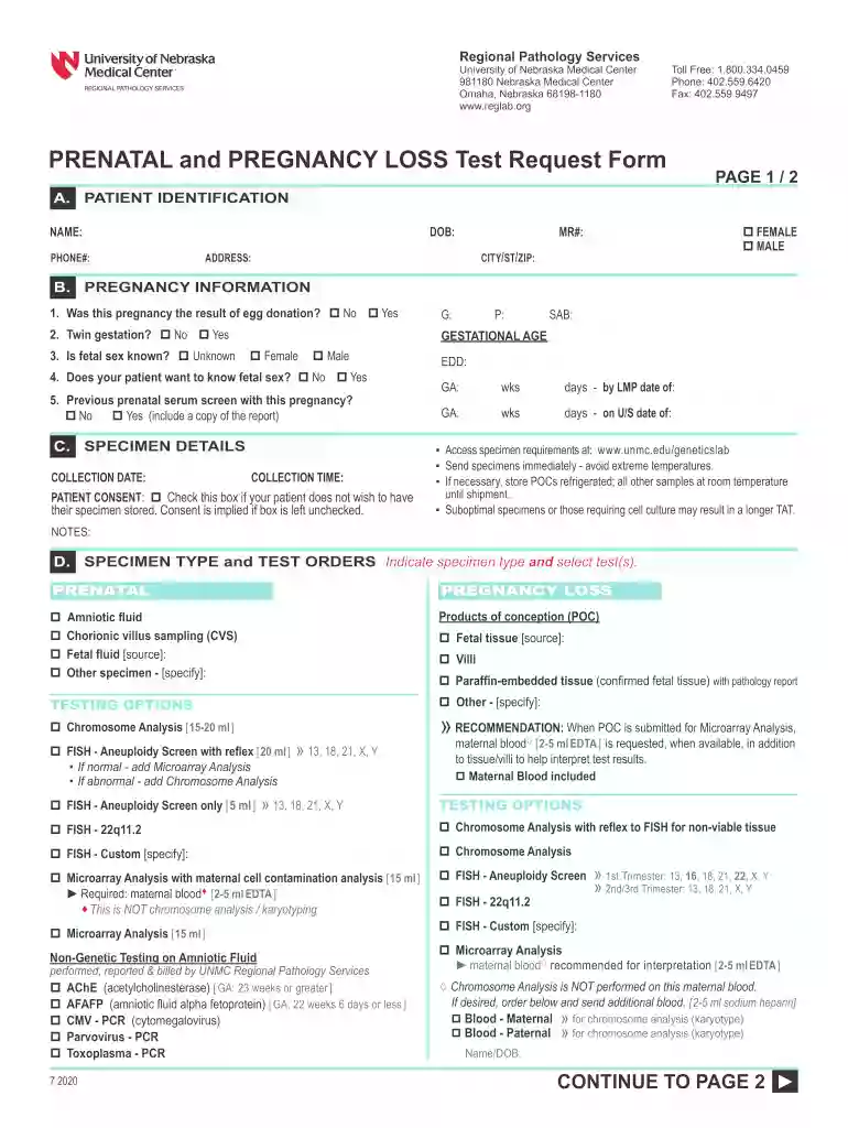 PRENATAL and PREGNANCY LOSS Test Request Form Preview on Page 1