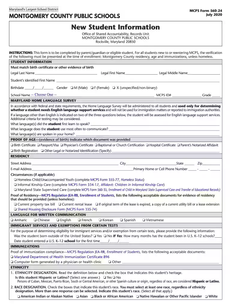 mcps new student information Preview on Page 1