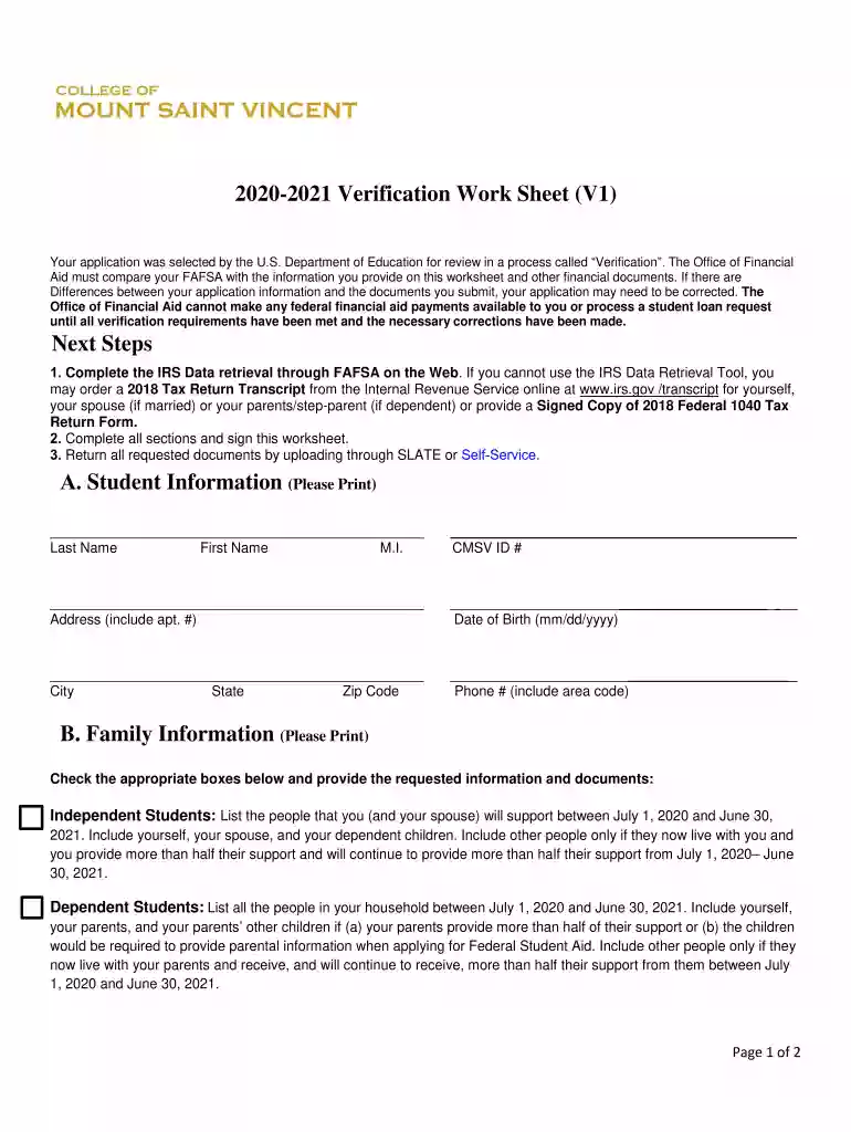 PDF 2020-2021 Verification Work Sheet (V1) - College of Mount Saint Preview on Page 1