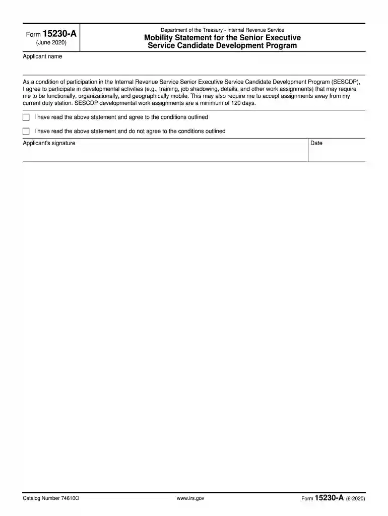 Form 15230-A (6-2020). Mobility Statement for the Senior Executive Service Candidate Development Program Preview on Page 1