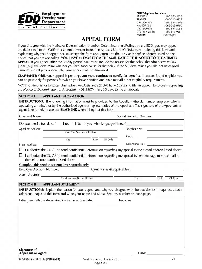 edd appeal form Preview on Page 1