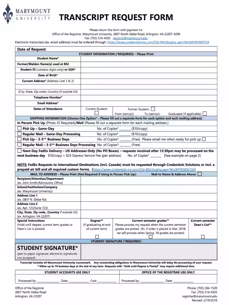 Office of the Registrar, Marymount University, 2807 North Glebe Road, Arlington, VA 22207-4299 Preview on Page 1