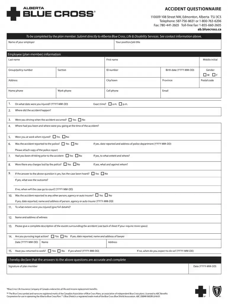 Accident Questionnaire (ABC 55099) - Alberta Blue Cross Preview on Page 1