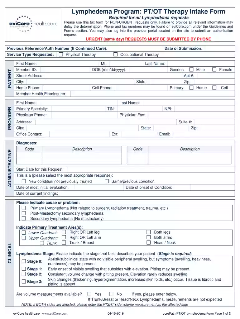 Lymphedema Program: PT OT Therapy Intake Form - eviCore Preview on Page 1