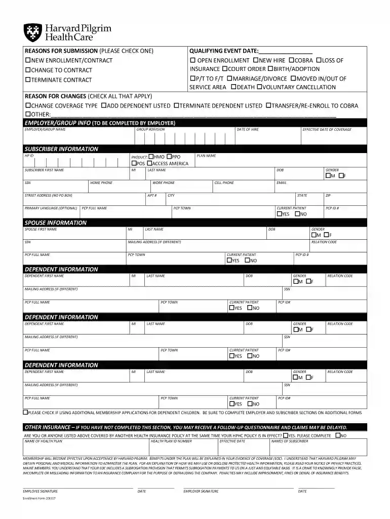 harvard pilgrim enrollment form Preview on Page 1