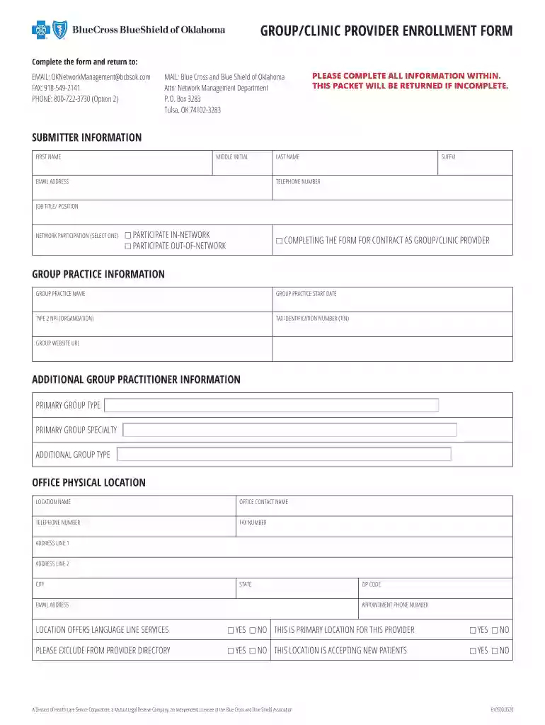 Group Clinic Provider Enrollment Form - Blue Cross and Blue Preview on Page 1