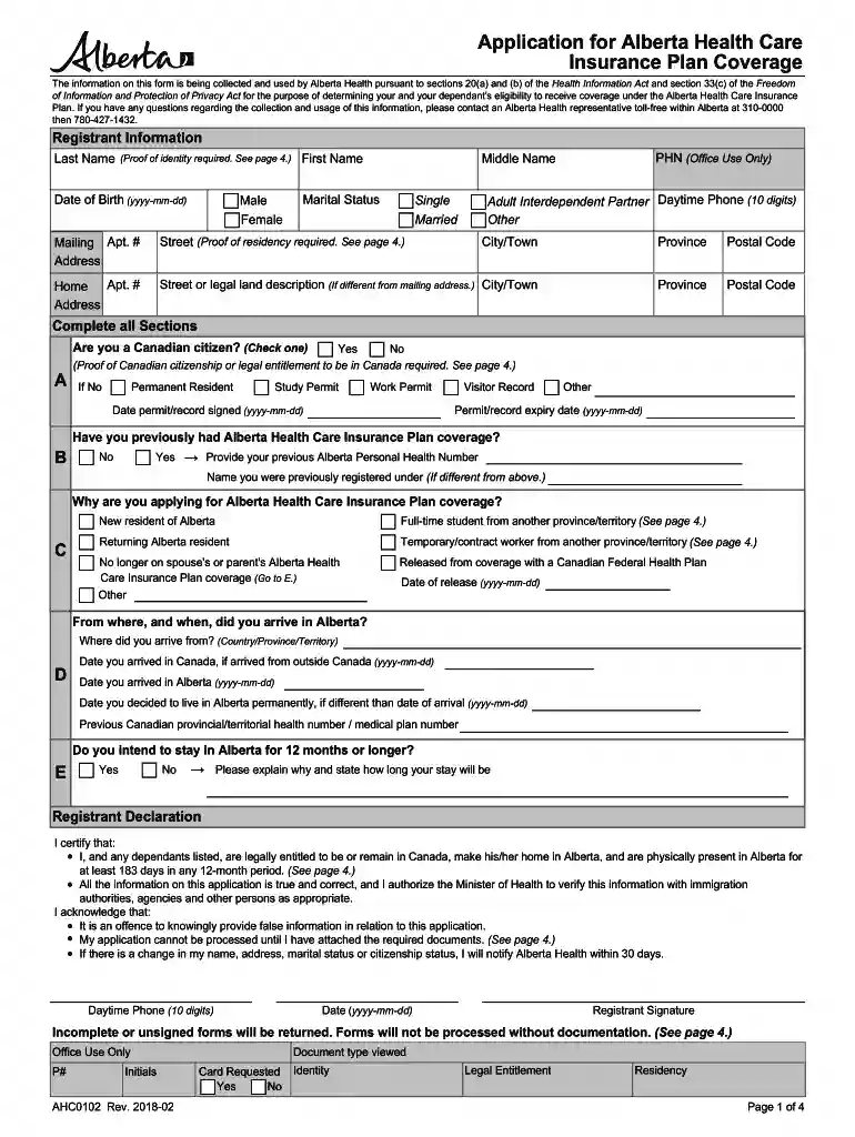 Alberta Health Care Insurance Plan Notice of Change - Forms Preview on Page 1