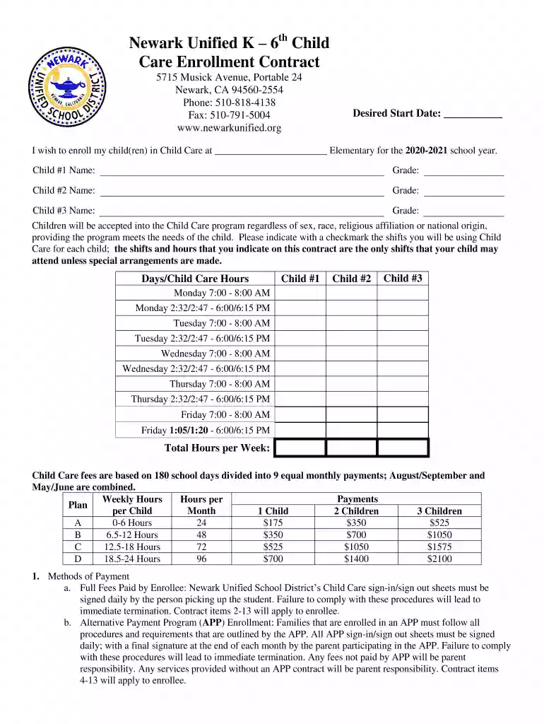 PDF Child Care Enrollment Contract - Newark Unified School District Preview on Page 1