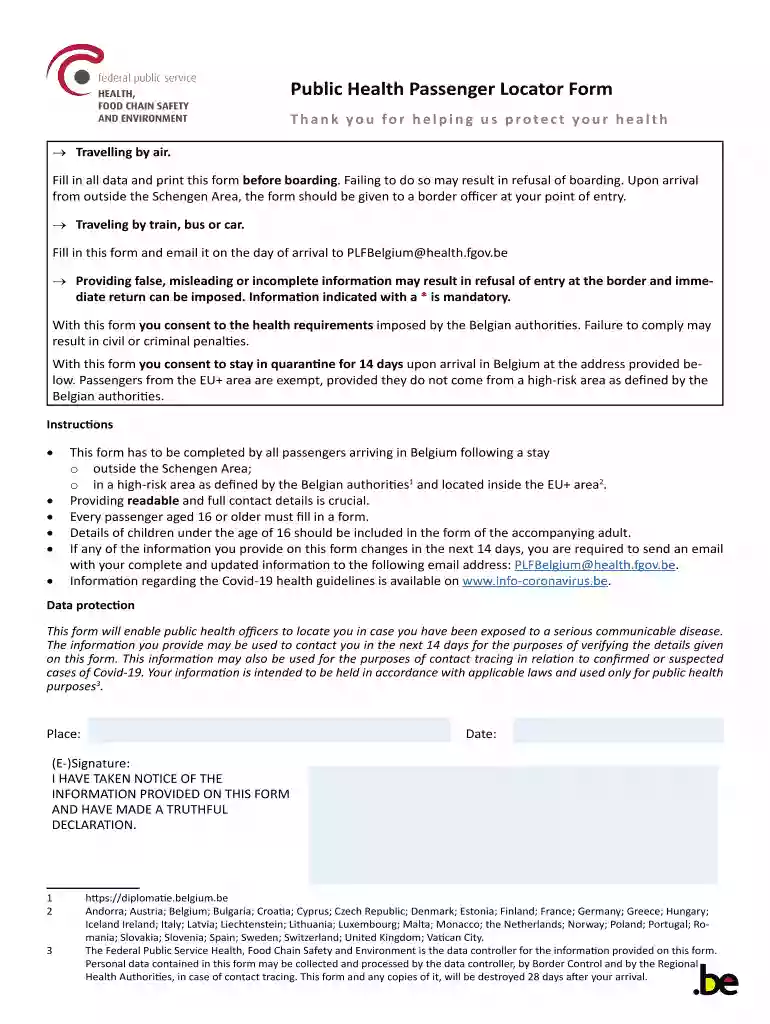 belgium passenger locator form Preview on Page 1