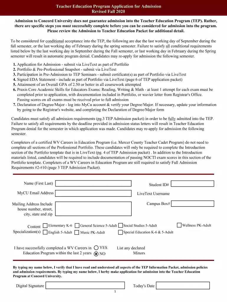 Teacher Education Program Application for Admission Preview on Page 1