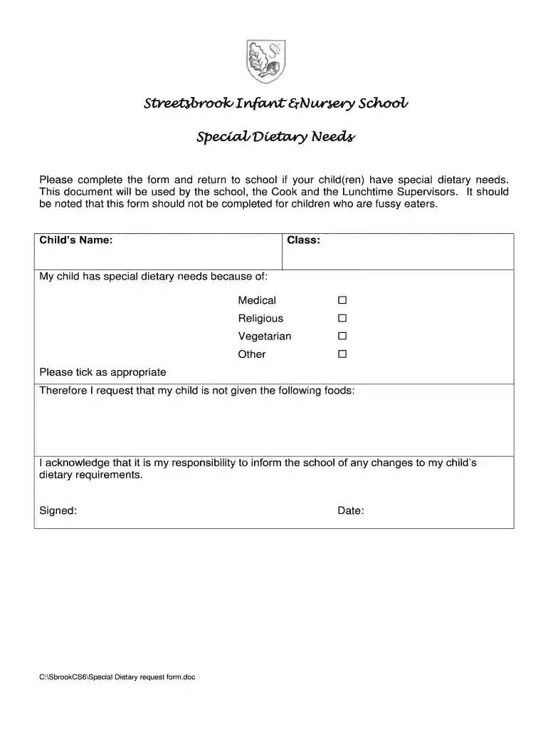 dietary restrictions form Preview on Page 1