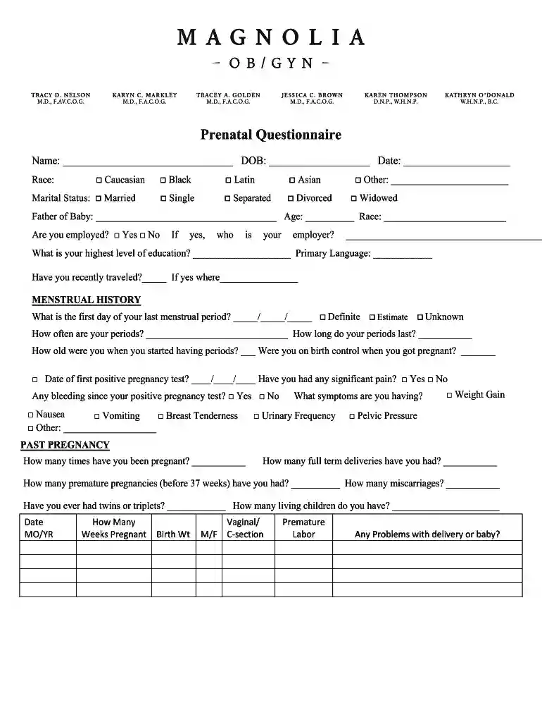 prenatal questionnaire form Preview on Page 1