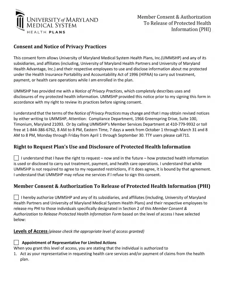 PDF UMHA HIPAA Privacy Consent & Auth Form - University of Maryland Preview on Page 1