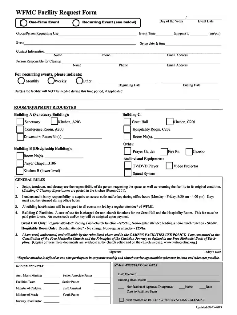 WFMC Facility Request Form Preview on Page 1