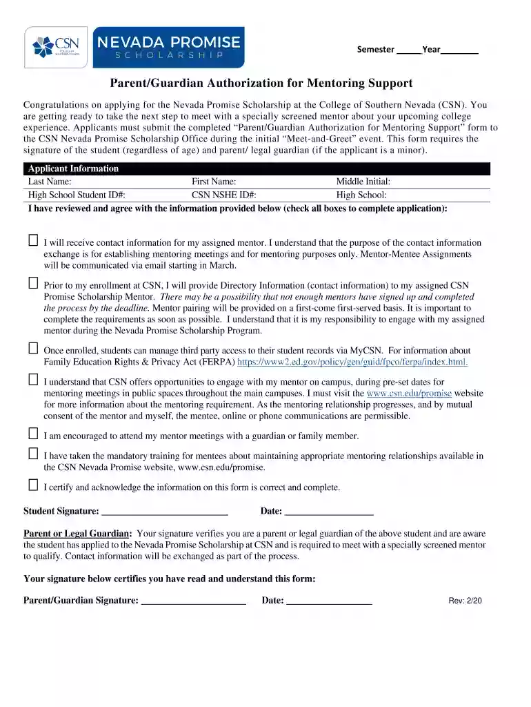 Parent Guardian Authorization for Mentoring Support - CSN Preview on Page 1