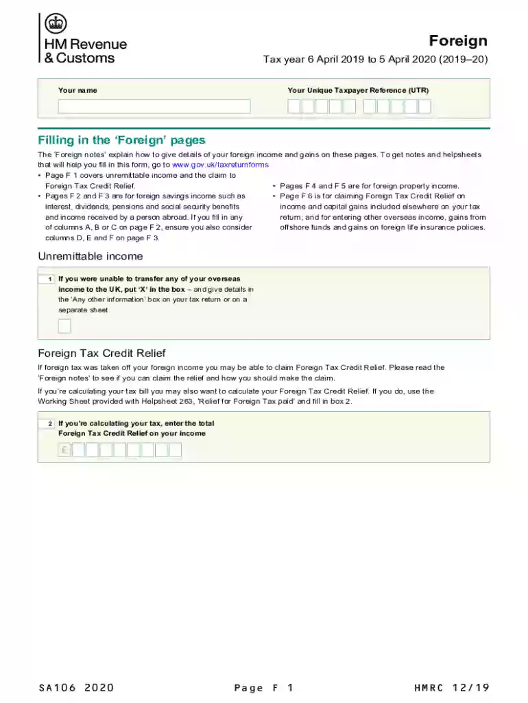 Foreign (2020) Use the SA106(2020) supplementary pages to declare foreign income and gains and claim Preview on Page 1