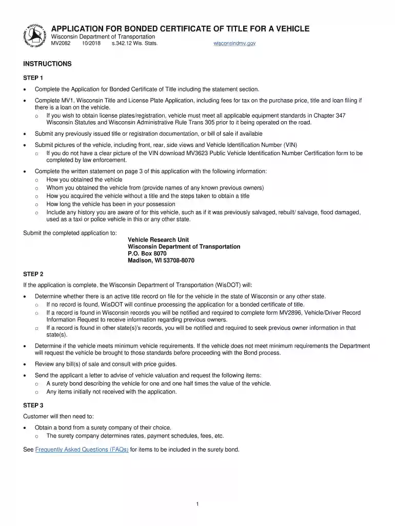 Wisconsin DOT Application for Bonded Certificate of Title for a Vehicle Preview on Page 1