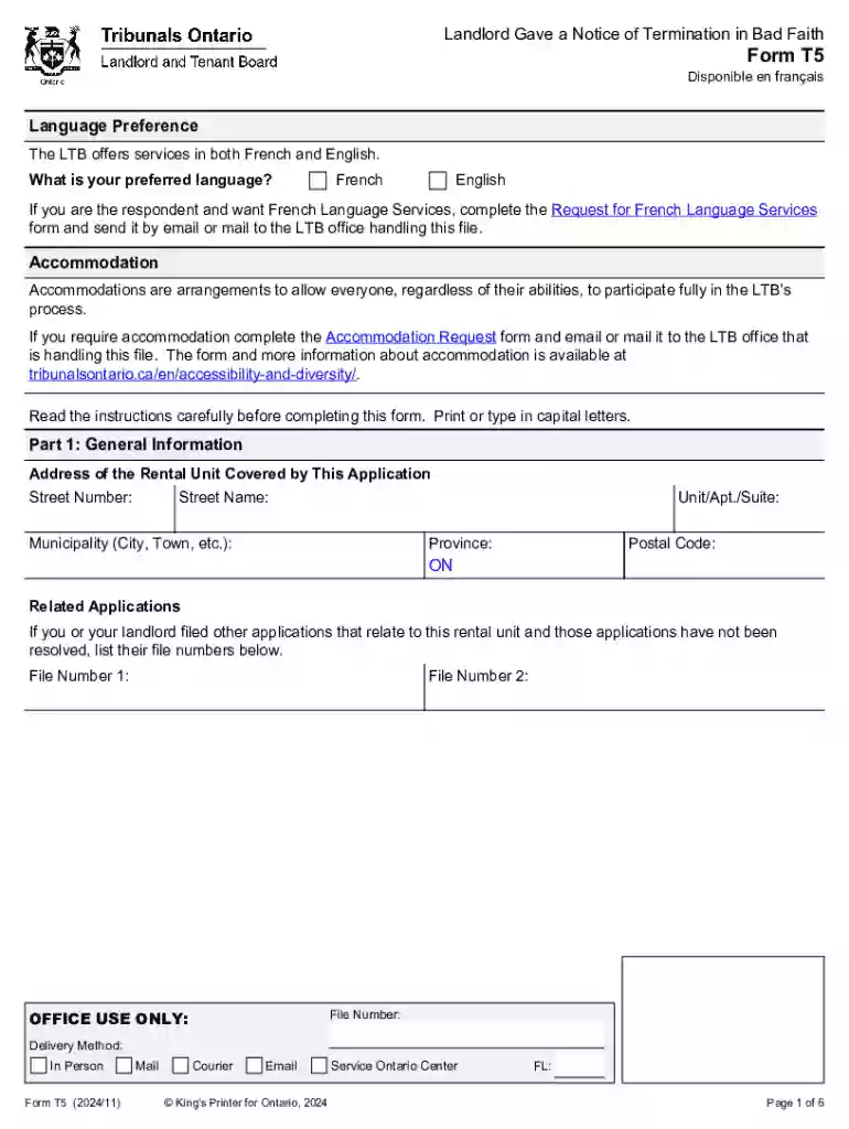 Form T5 - Bad Faith Termination Application Preview on Page 1