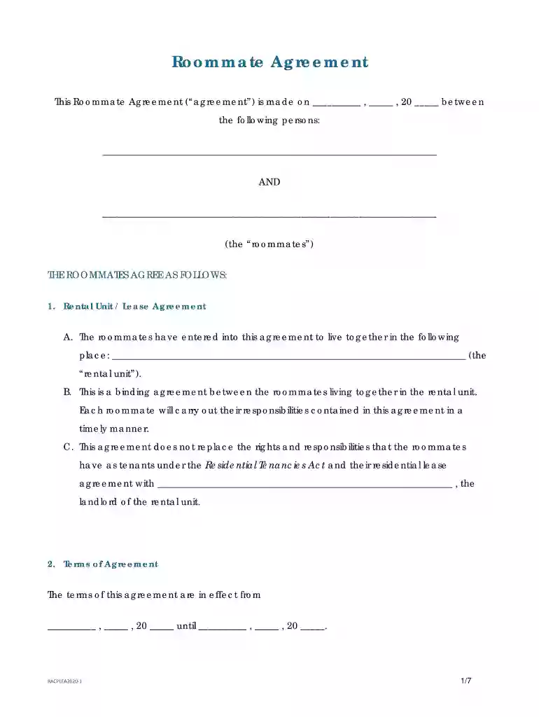 alberta roommate agreement Preview on Page 1