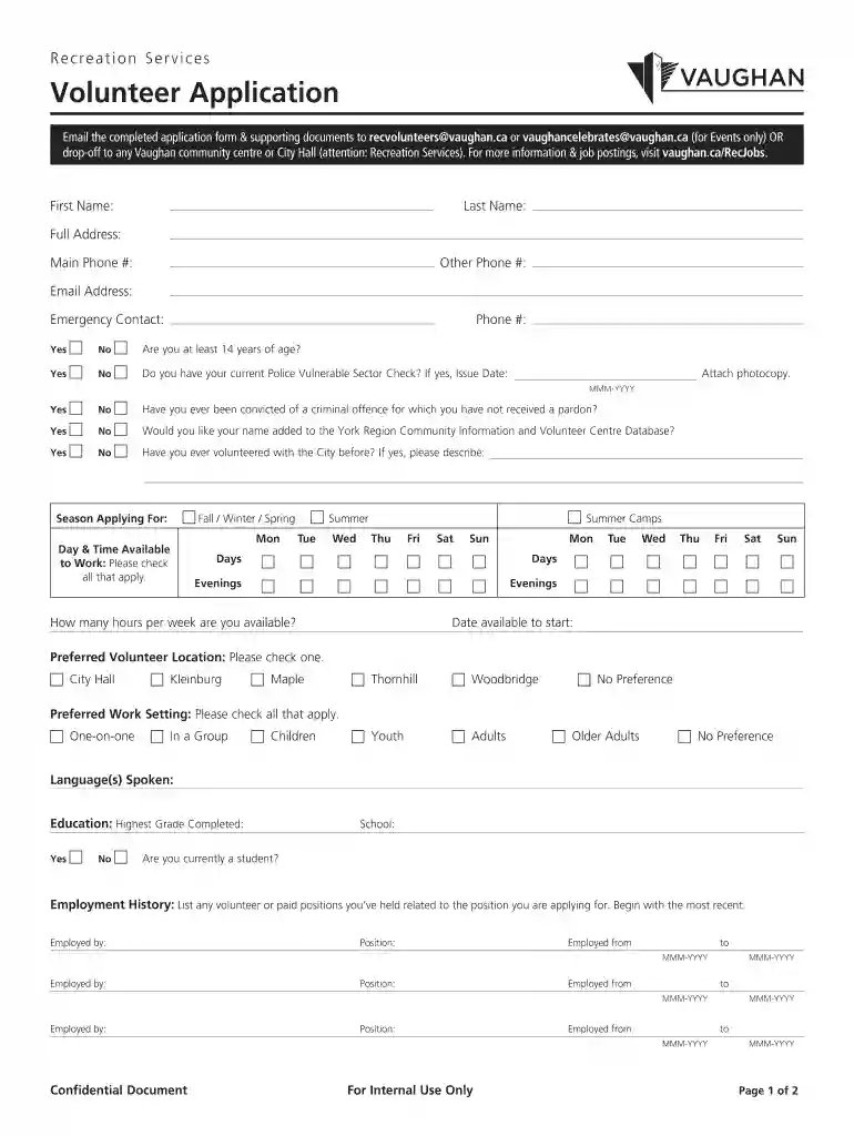 Volunteer Application - the City of Vaughan Preview on Page 1