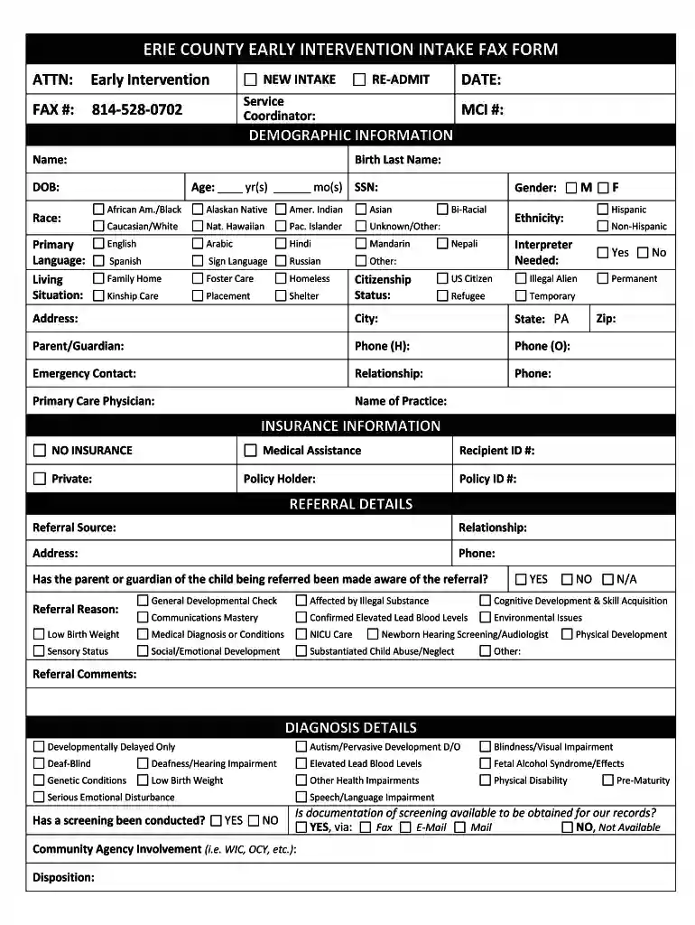 ERIE COUNTY EARLY INTERVENTION INTAKE FAX FORM Preview on Page 1