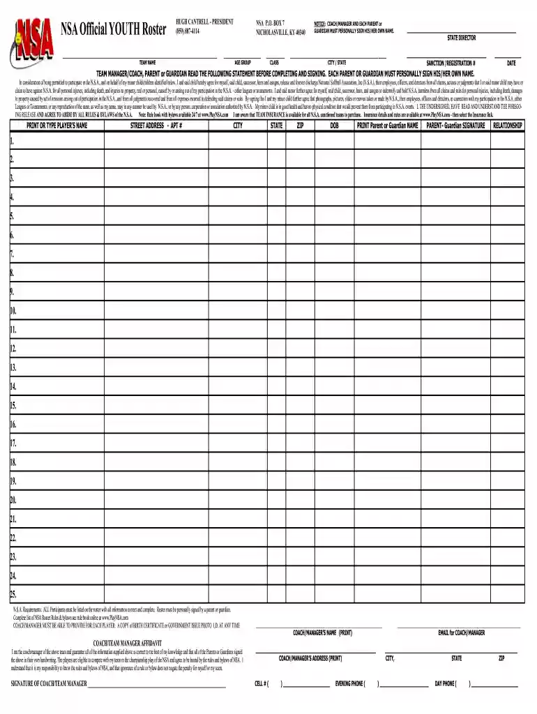 softball roster form Preview on Page 1