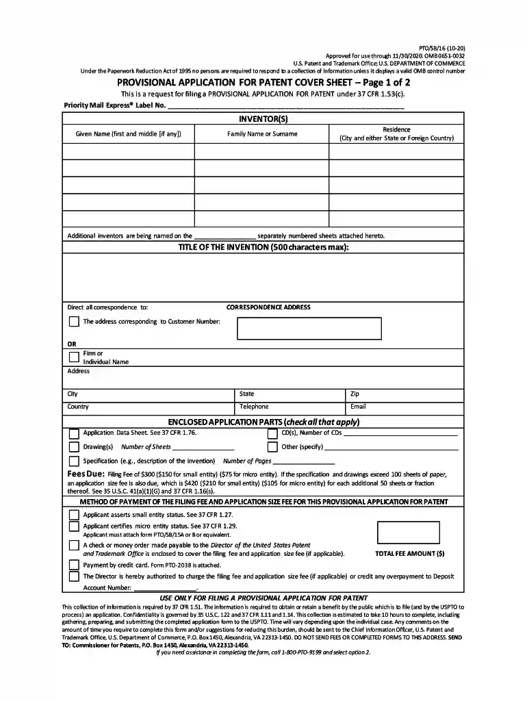 uspto provisional cover sheet Preview on Page 1