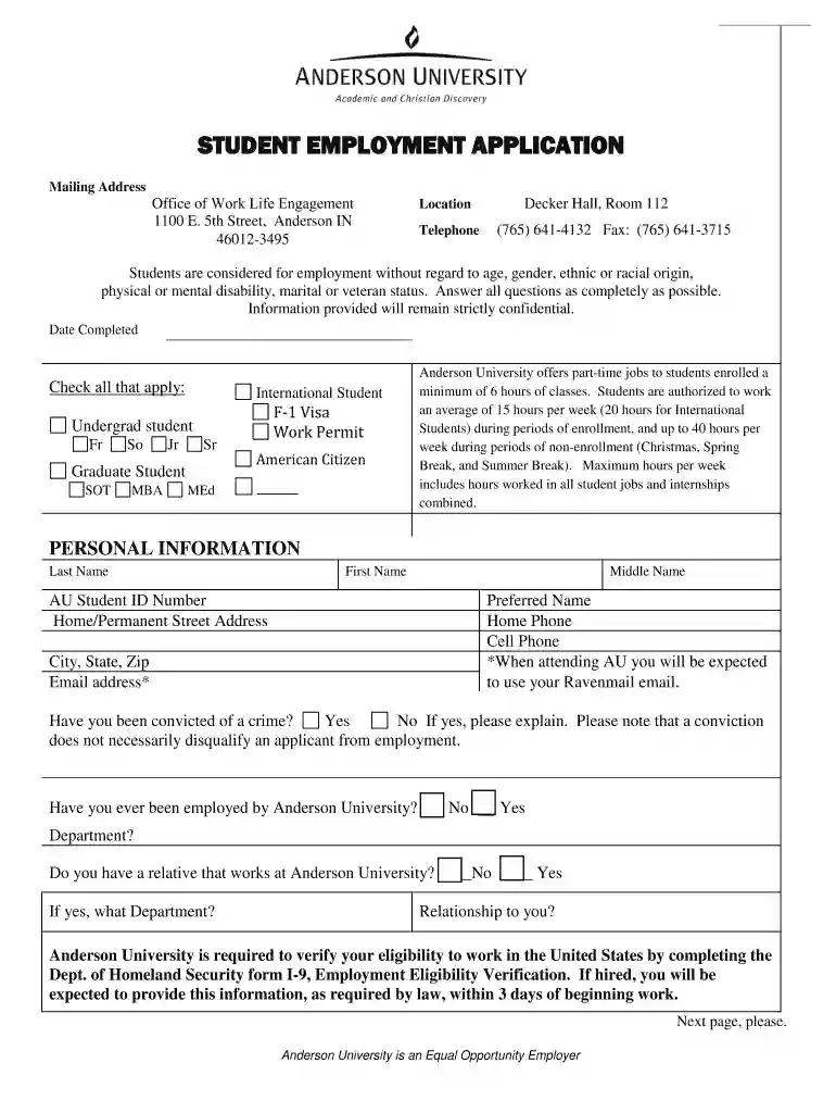 application for employment - Anderson University Preview on Page 1