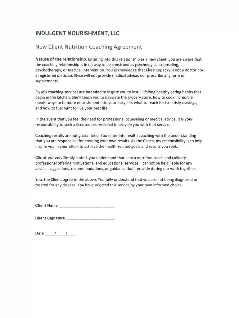 nutrition coaching waiver template Preview on Page 1