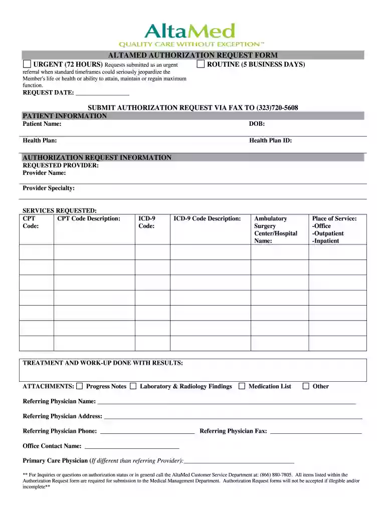 altura authorization request form Preview on Page 1