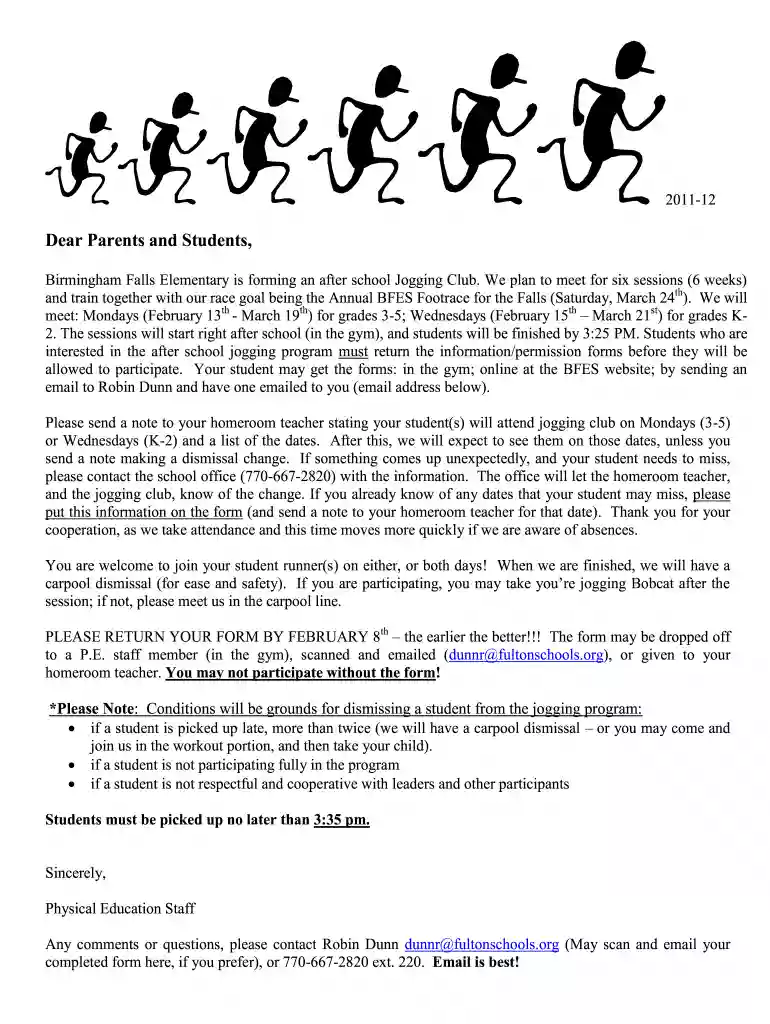 BFES Jogging Program: Parent Letter and Form - Fulton County ... - school fultonschools Preview on Page 1