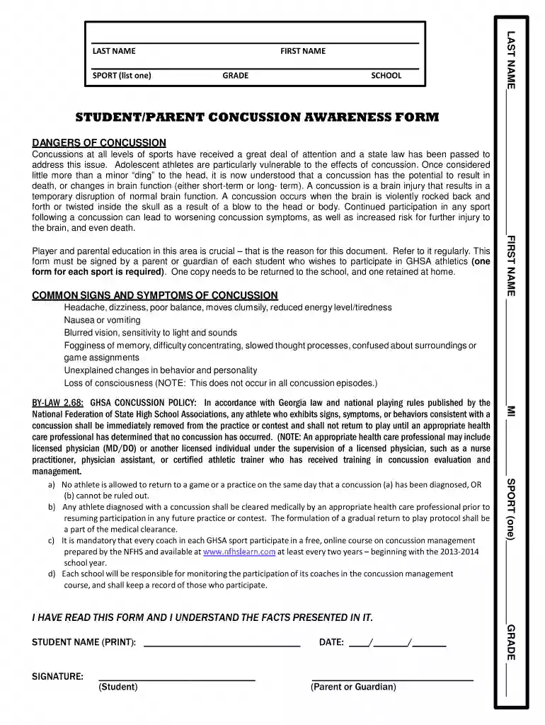 concussion form for school Preview on Page 1