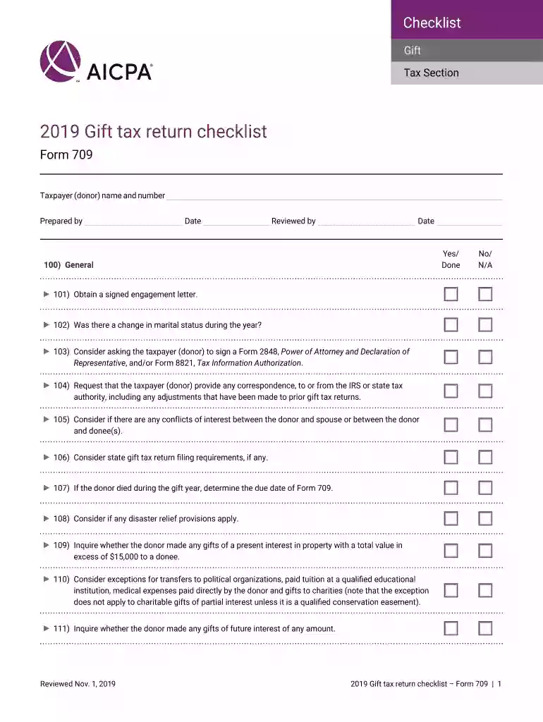 2019 Gift Tax Return Checklist 2019 Form 709 checklist addresses specific tax topics and used by CPA Preview on Page 1