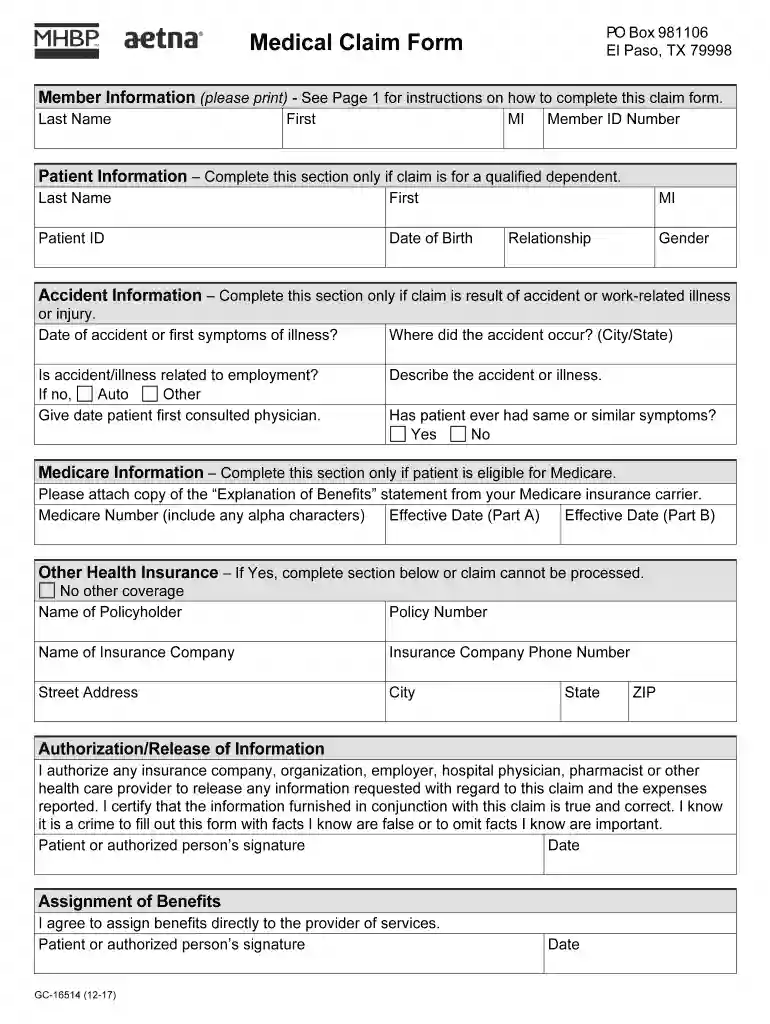 mhbp claim form Preview on Page 1
