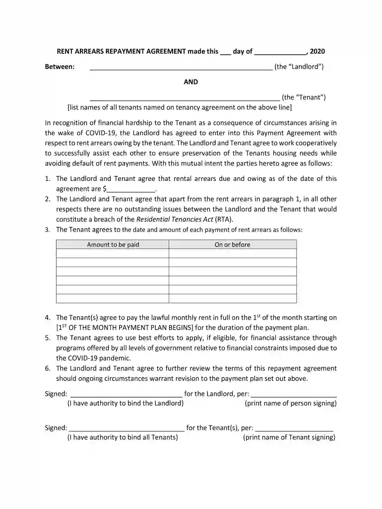 rent arrears payment plan template Preview on Page 1