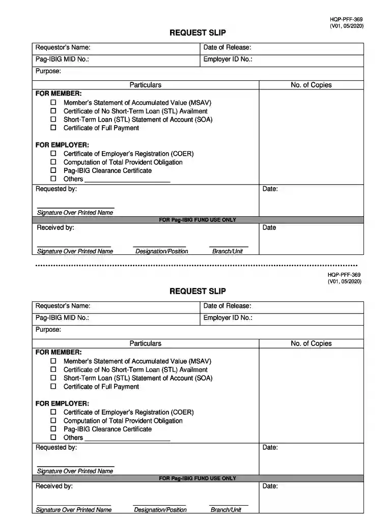 pag ibig fund request slip hqp pff 369 Preview on Page 1