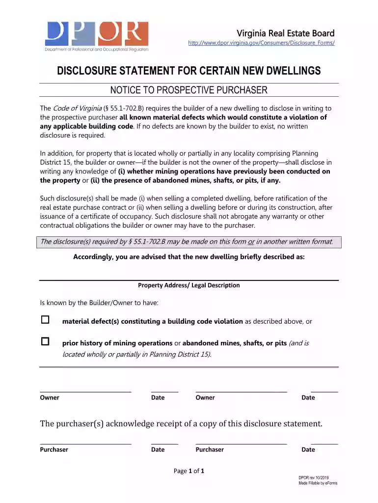 Virginia New Dwelling Disclosure Form - eForms Preview on Page 1