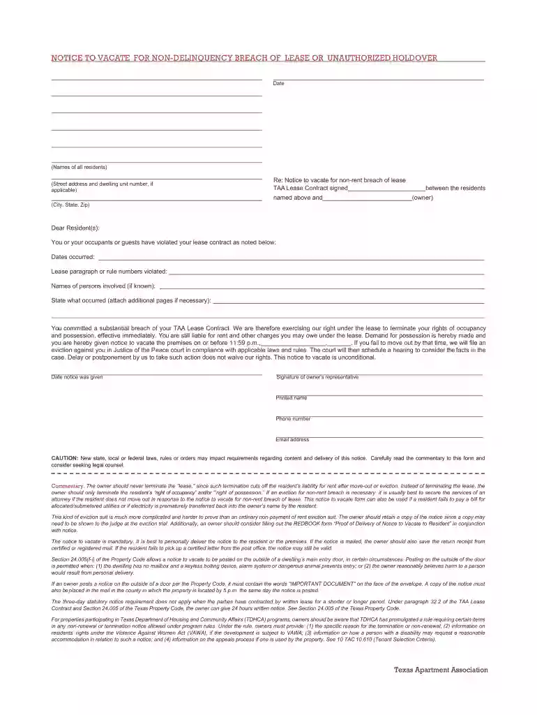 notice to vacate for non delinquency breach of lease Preview on Page 1