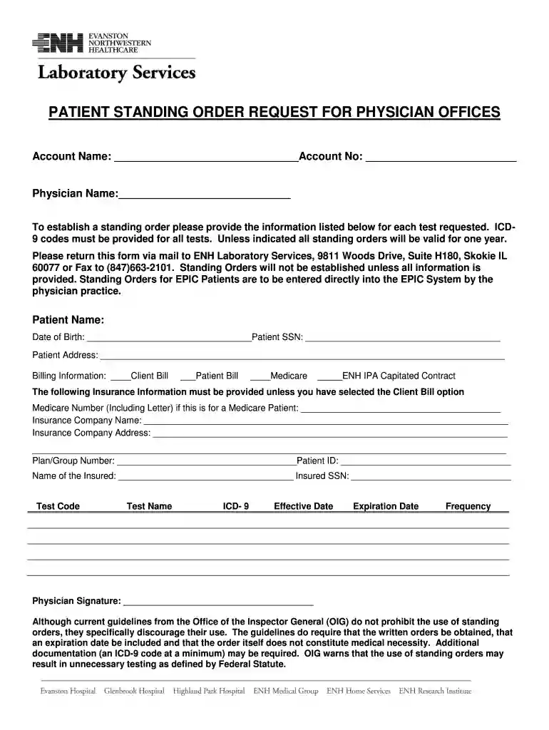 Patient Standing Order Blank form rtf - northshore Preview on Page 1