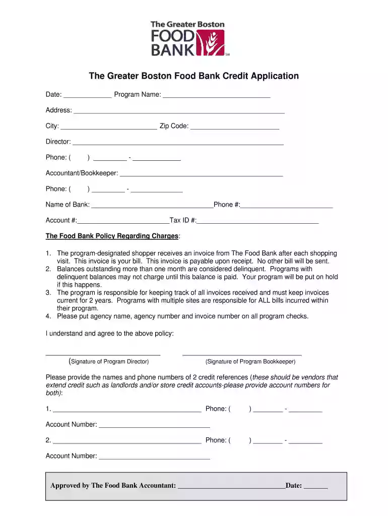 The Greater Boston Food Bank Credit Application Preview on Page 1