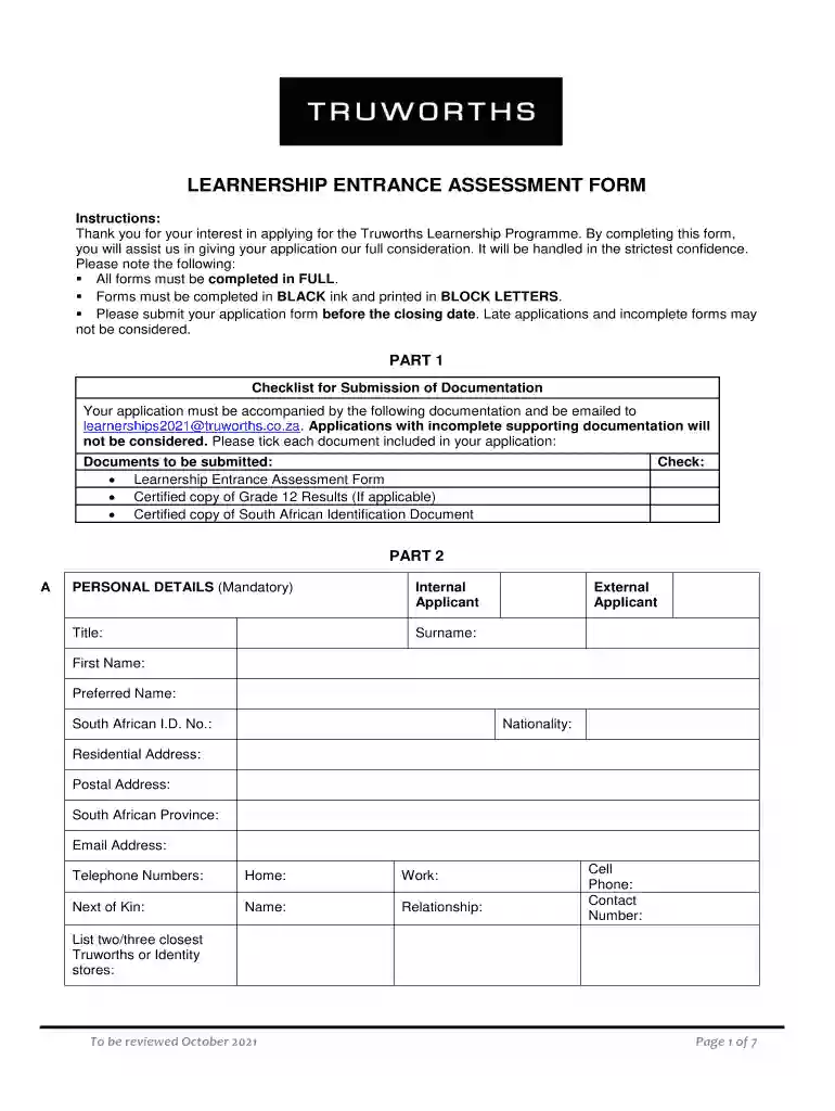 truworths learnership form Preview on Page 1