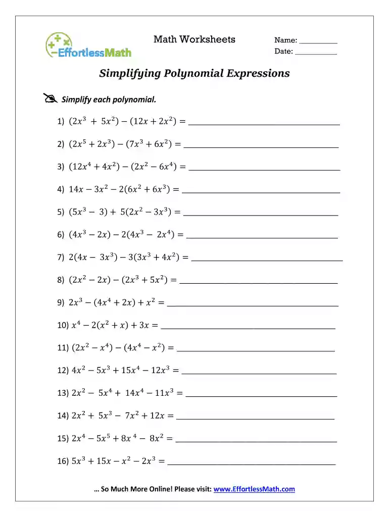 simplifying polynomial expressions worksheet Preview on Page 1