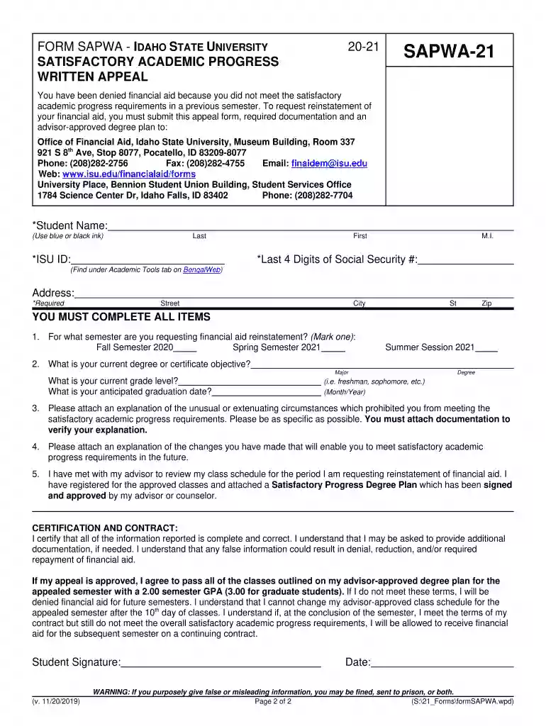 The attached form is to be completed if your financial aid eligibility has been suspended and you wi Preview on Page 1