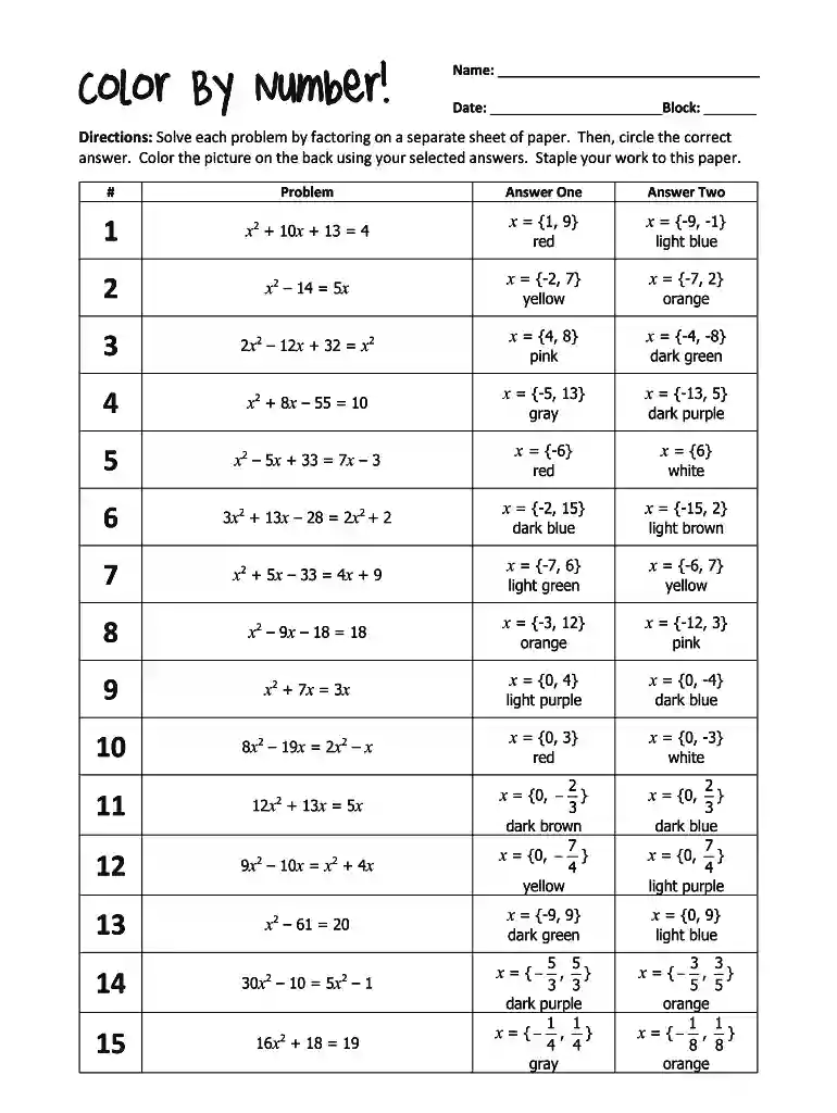 color by number factoring Preview on Page 1
