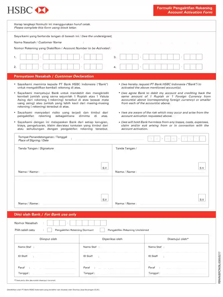 Bank HSBC Indonesia Account Activation Form Preview on Page 1