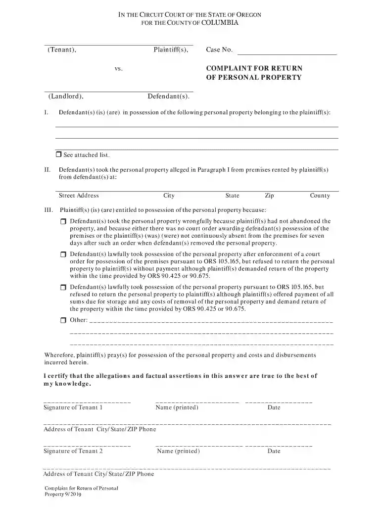 (Tenant), Plaintiff(s), Case No vs COMPLAINT FOR RETURN OF Preview on Page 1