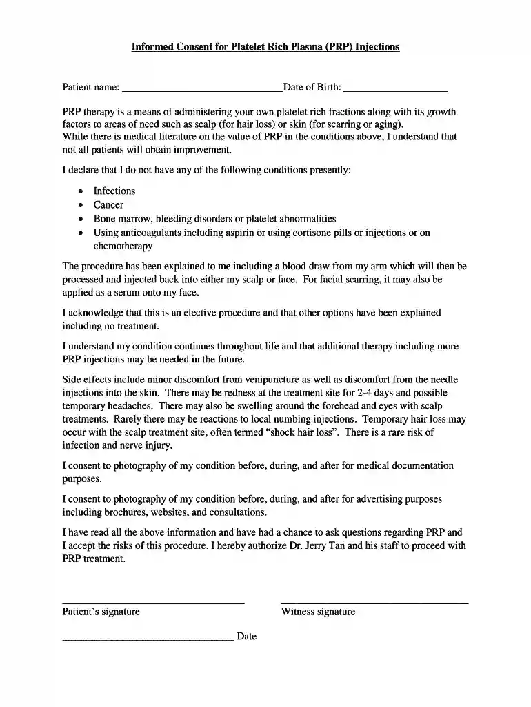 Informed Consent for Platelet Rich Plasma (PRP) Injections Preview on Page 1