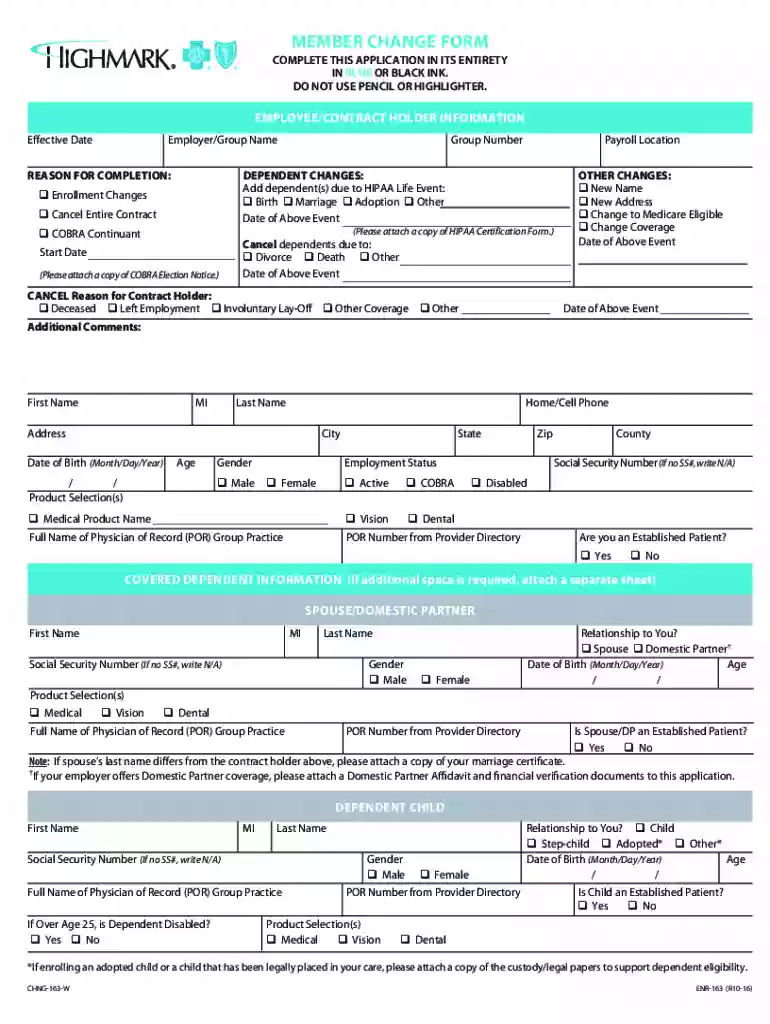Member Change Form Preview on Page 1